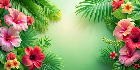 Fotobehang Hello Summer Background with Hibiscus Flowers and Tropical Leaves. Perfect for: summer event promotions, tropical-themed designs, seasonal advertisements, greeting cards, social media posts. © TingYi