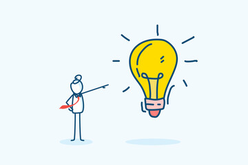businessman stick figure character with red tie points at a large, glowing light bulb. minimalist illustration creativity, innovation, new ideas in a business context. hand drawn doodle illustration