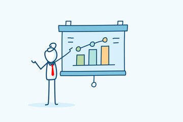 businessman stick figure with a red tie presents in front of a bar and line graph. minimalist hand drawn style doodle illustration represents business concepts, data analysis, and company performance