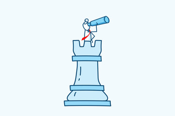 businessman stick figure character on top of chess tower looking through a telescope. Search opportunity business goal, target mission to achieve, discover strategy. hand drawn doodle illustration