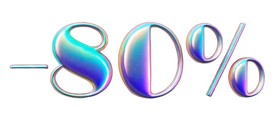 Holographic rainbow chrome element on a transparent background, the inscription -80%, discount, sale. PNG in Y2K style.