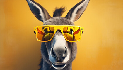 Donkey having yellow glasses in front of yellow wall