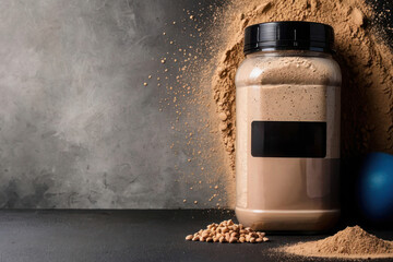 Closed glass jar with chocolate protein powder, spilled product, sports nutrition. Label mockup.