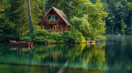 Obraz premium A-shaped wooden house sits amidst green trees and bushes on a tiny island in the lake. A boat rests by the shore, reflecting in the still waters.