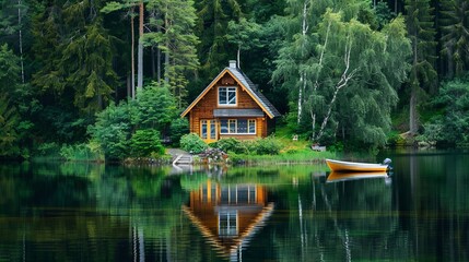 Fototapeta premium A-shaped wooden house sits amidst green trees and bushes on a tiny island in the lake. A boat rests by the shore, reflecting in the still waters.