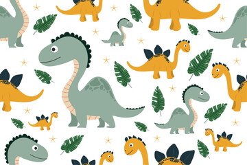 Childrens cute animal dinosaur pattern on white isolated background. Funny dinosaurs in children's cartoon style, prehistoric wild nature . For children's decor, wallpaper, cards.