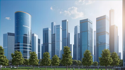 Obraz premium Commercial real estate development project, large multi-story office buildings in the city, image of developers and investors planning office buildings,