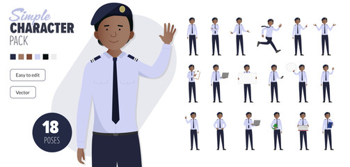 Simple flat female air force armed forces vector character in a set of multiple poses. Easy to edit and isolated on a white background. Modern trendy style character mega pack with lots of poses.