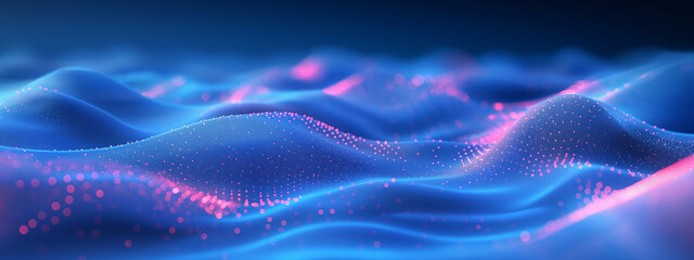 Abstract blue background with interweaving of colored dots and lines, Wave of dots and weave lines. Abstract background. Network connection structure