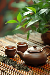 Asian traditional tea ceremony. A small brown clay teapot and two small bowls of tea stand on a bamboo mat. A small bonsai tree stands nearby. Tea drinking in an asian garden.