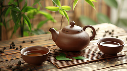 Asian traditional tea ceremony. A small brown clay teapot and two small bowls of tea stand on a bamboo mat. Tea drinking in an asian bamboo garden. Meditative calm atmosphere. Advertising, banner. 