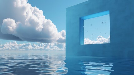 abstract fantasy surreal background with square window in the blue wall and white clouds flying above the water.