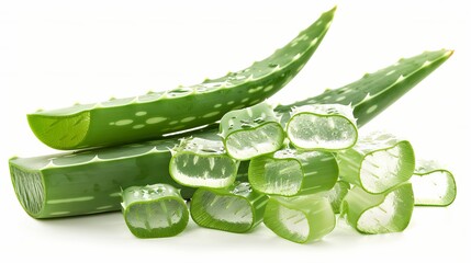 Aloe vera plant is pictured with aloe gel isolated on a white background.