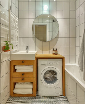 Cuarto de ba&ntilde;o decorado con lavabo, espejo, mueble con lavadora integrada, ba&ntilde;era, calentador de toallas y todo ello alicatado en azulejo de porcelana blanco