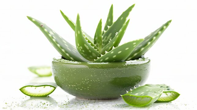 Aloe vera plant is pictured with aloe gel isolated on a white background.