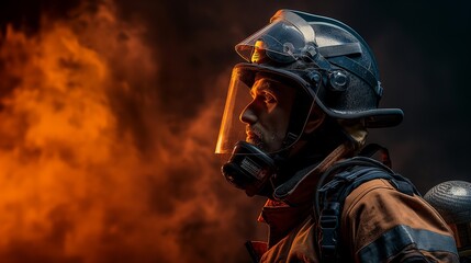 Obraz premium Firefighter in Gear Facing Flames at Night