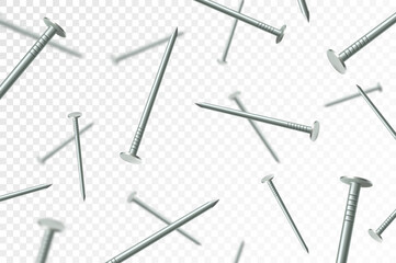 Flying metal nails, isolated on transparent background. Many silver falling nails. ?onstruction, repair tools. Steel chrome nails, grey instruments minimalist concept.