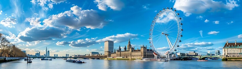 Naklejka premium a serene waterfront scene featuring a ferris wheel towering over a cityscape, with a variety of boats and buildings in the foreground, set against a clear blue sky with white clouds