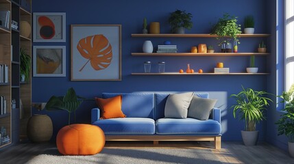 Picture frame mockup, home room living room wall interior with shelves, 3D render