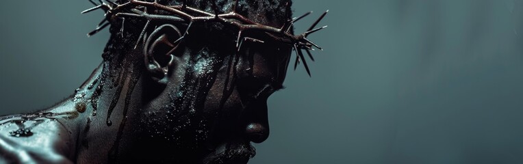 Dramatic portrait of black Jesus Christ with crown of thorns