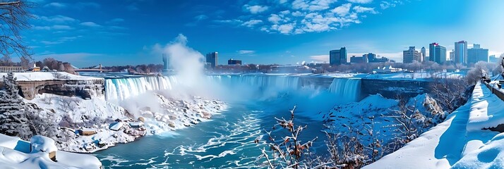 a wintry cityscape featuring a leafless tree, tall buildings, and a blue sky with white clouds