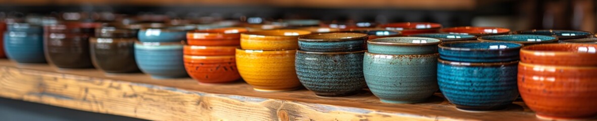 handmade ceramic bowls on wooden shelf in shop  - Powered by Adobe