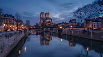 Fototapeta premium a serene river flows through a cityscape, flanked by leafless trees and white buildings, under a clear blue sky