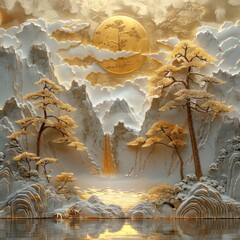 A painting of a tree with a gold moon in the sky