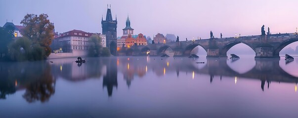 Naklejka premium a serene cityscape featuring a stone bridge spanning calm waters, surrounded by tall trees and a pink building, under a clear blue sky