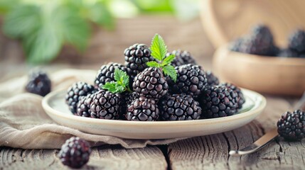 Fresh Blackberries on Plate with Mint Garnish