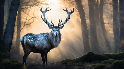 A deer stands in the forest lit by evening light