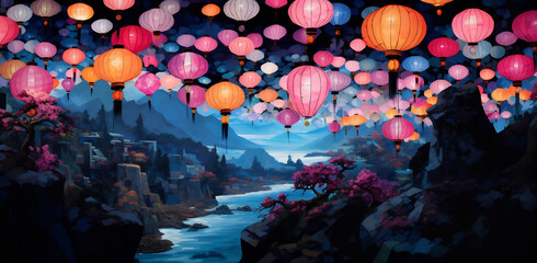 Colorful lanterns floating in the air