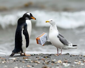 Fototapeta premium Illustration of Penguin arguing with a seagull over a golf rule, holding tiny rule books. Ai Generate.