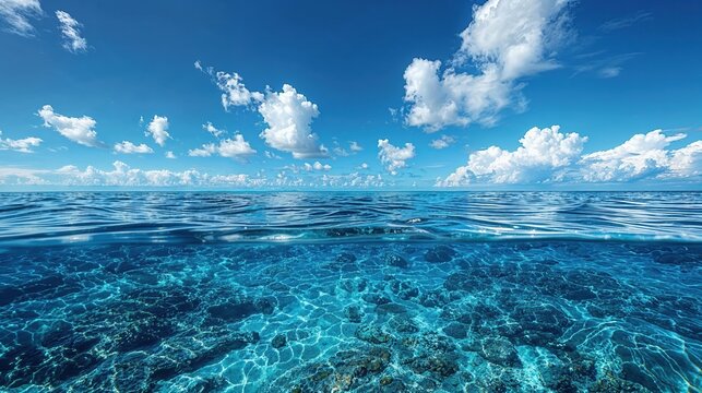 Blue ocean split view with coral reef and sky