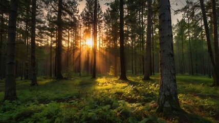 Obraz premium Sunrise view in a beautiful green forest landscape with long and crowded trees