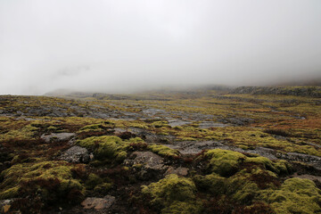 Landschaftsaufnahme  auf Island bei bewölkten Himmel und Mystischer Stimmung