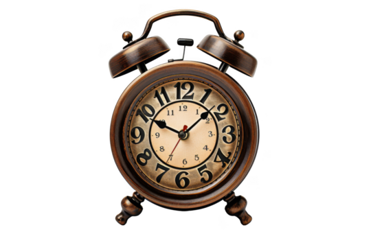 A clock with a bell on top and the hands at 3:00