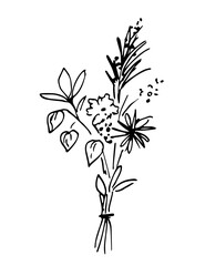 Simple vector drawing with black outline. Cute bouquet of flowers. For holiday decoration, birthday. Sketch in ink.