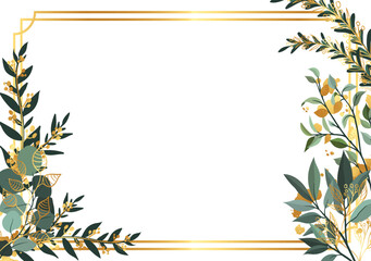  flowers border frame with decorated corners. Floral botanical foliage garland bloom blossom. Bright shiny golden gradient light reflection on white background. Vector design illustration.