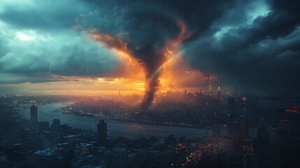 Fototapeta premium a huge twister tornado blow over urban city under black cloud sky