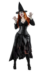 Witch on Halloween. Female wizard fairy character for All Saints' Day. Fantasy gothic red-haired Vampire girl in black dress. Enchantress dressed in carnival costume