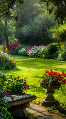 Obraz premium Serenity Blooms: A Tranquil Garden Basking in Sunlight with Vibrant Flowers and a Quaint Stone Bench