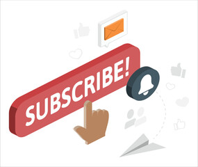 Subscribe like and share template. Subscribe button Bell, notification icon button and hand cursor click. Red button subscribe to channel social media, marketing, blog. Vector illustration. 2254
