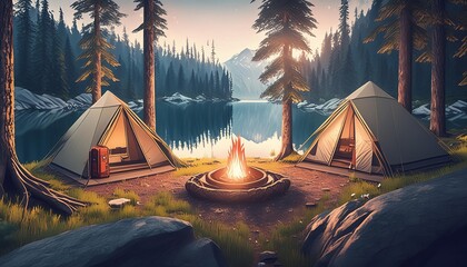 A serene camping scene by a lakeside in the mountains, featuring a tent pitched near a campfire surrounded by pine trees. 