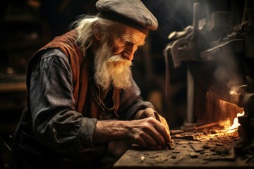 Aged artisan focused on detailed handcrafting in a rustic wood workshop setting