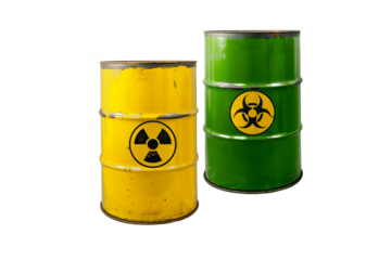 Barrels with radioactive and toxic waste. Warning sign. Rusty dangerous barrel with radionuclide, hazardous toxins on isolated background