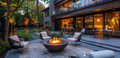 High-definition outdoor terrace with stylish furniture, glowing fire pit, and warm evening illumination. - Powered by Adobe