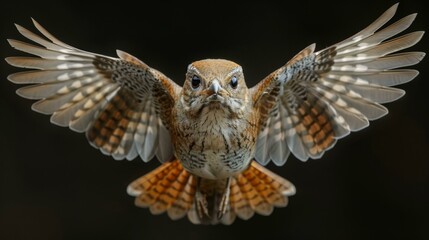 A bird with its wings spread, looking directly at the camera.