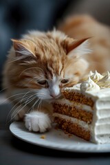 A Kitten Enthusiastically Explores a Layered Birthday Cake with Cream Frosting and Edible Flowers in Natural Lighting