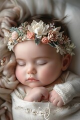 Fototapeta premium Adorable Newborn Baby Sleeping in Dreamy Floral Headband with Pastel Tones and Soft Textures